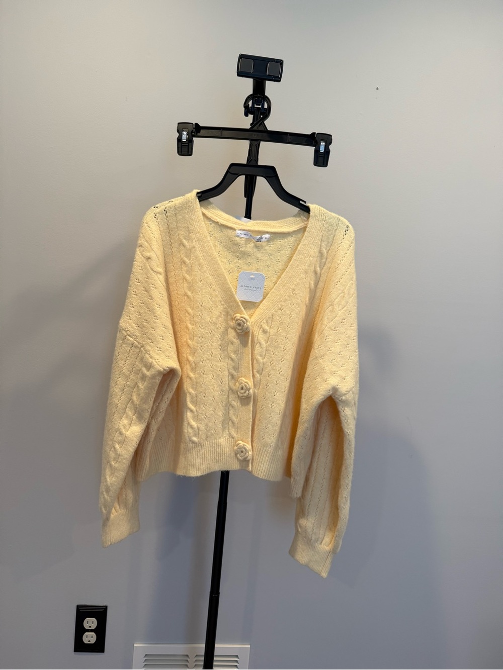 Altar'd State Soft Pale Yellow Cable Knit V-Neck Cardigan